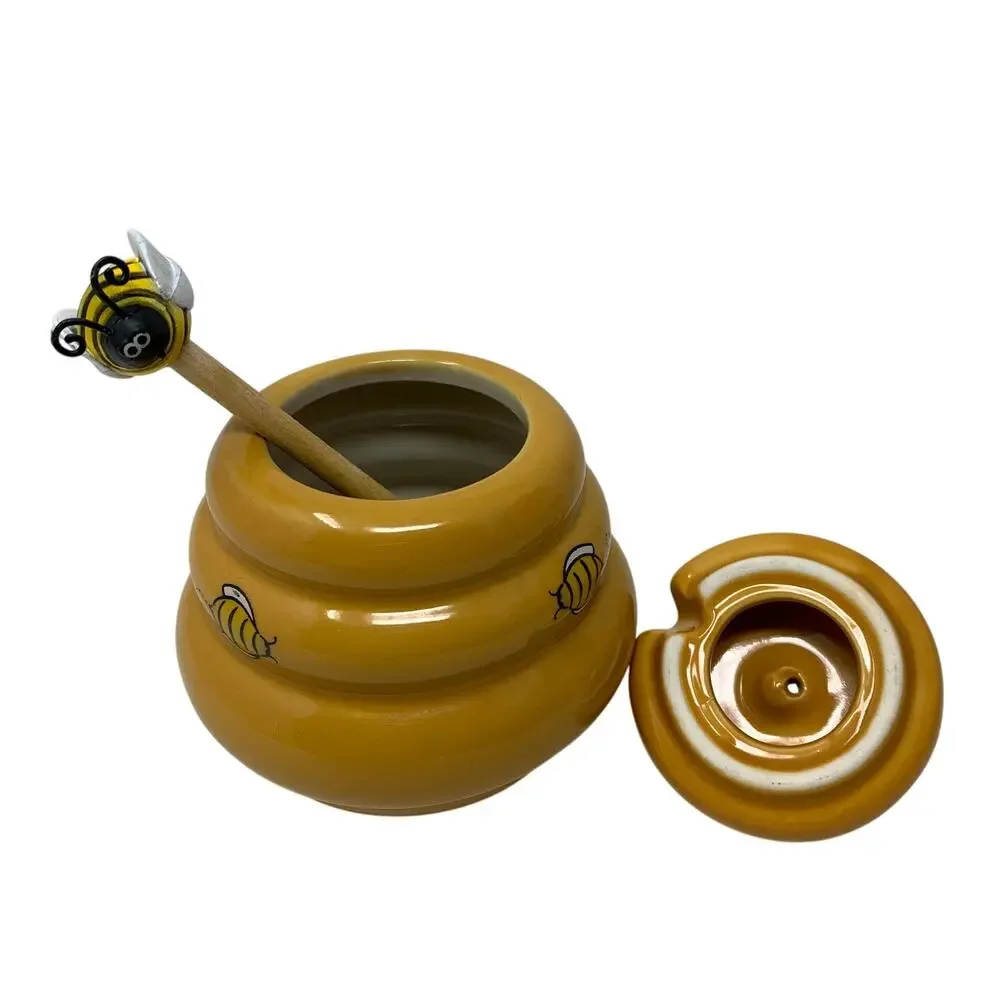 Ceramic Beehive Shaped Honey Pot With Wooden Dipper 5 Oz
